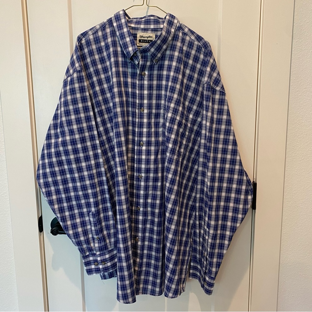 Wrangler Riata Mens 3X Big Blue White Plaid‎ Long Sleeve Button Down Shirt